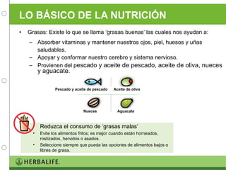 LO BÁSICO DE LA NUTRICIÓN Grasas: Existe lo que se llama ‘grasas buenas’ las cuales nos ayudan a: Absorber vitaminas y mantener nuestros ojos, piel, huesos y uñas saludables. Apoyar y conformar nuestro cerebro y sistema nervioso. Provienen del p escado y aceite de pescado, aceite de oliva, nueces y aguacate. Pescado y aceite de pescado Aceite de oliva Nueces Aguacate Reduzca el consumo de ‘grasas malas’ Evite los alimentos fritos; es mejor cuando están horneados, rostizados, hervidos o asados. Seleccione siempre que pueda las opciones de alimentos bajos o libres de grasa. 