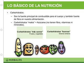 LO BÁSICO DE LA NUTRICIÓN Carbohidratos: Son la fuente principal de combustible para el cuerpo y también fuente de fibra en nuestra alimentación. Carbohidratos “malos” = Azúcares (no tienen fibra, vitaminas ni minerales). Carbohidratos “más sanos” Frutas y vegetales Carbohidratos “buenos” Granos enteros 