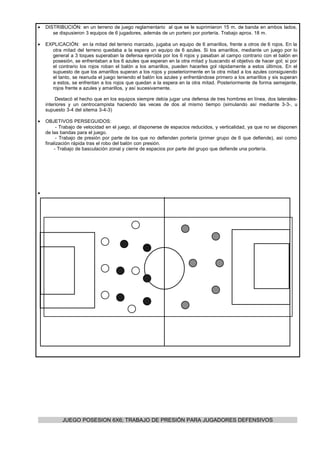•   DISTRIBUCIÓN: en un terreno de juego reglamentario al que se le suprimieron 15 m. de banda en ambos lados,
       se dispusieron 3 equipos de 6 jugadores, además de un portero por portería. Trabajo aprox. 18 m.

•   EXPLICACIÓN: en la mitad del terreno marcado, jugaba un equipo de 6 amarillos, frente a otros de 6 rojos. En la
      otra mitad del terreno quedaba a la espera un equipo de 6 azules. Si los amarillos, mediante un juego por lo
      general a 3 toques superaban la defensa ejercida por los 6 rojos y pasaban al campo contrario con el balón en
      posesión, se enfrentaban a los 6 azules que esperan en la otra mitad y buscando el objetivo de hacer gol; si por
      el contrario los rojos roban el balón a los amarillos, pueden hacerles gol rápidamente a estos últimos. En el
      supuesto de que los amarillos superan a los rojos y poseteriormente en la otra mitad a los azules consiguiendo
      el tanto, se reanuda el juego teniendo el balón los azules y enfrentándose primero a los amarillos y sis superan
      a estos, se enfrentan a los rojos que quedan a la espera en la otra mitad. Posteriormente de forma semejante,
      rojos frente a azules y amarillos, y así sucesivamente.

         Destacó el hecho que en los equipos siempre debía jugar una defensa de tres hombres en línea, dos laterales-
    interiores y un centrocampista haciendo las veces de dos al mismo tiempo (simulando así mediante 3-3-, u
    supuesto 3-4 del sitema 3-4-3)

•   OBJETIVOS PERSEGUIDOS:
          - Trabajo de velocidad en el juego, al disponerse de espacios reducidos, y verticalidad, ya que no se disponen
    de las bandas para el juego.
          - Trabajo de presión por parte de los que no defienden portería (primer grupo de 6 que defiende), así como
    finalización rápida tras el robo del balón con presión.
         - Trabajo de basculación zonal y cierre de espacios por parte del grupo que defiende una portería.




•




           JUEGO POSESION 6X6; TRABAJO DE PRESIÓN PARA JUGADORES DEFENSIVOS
 