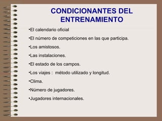 CONDICIONANTES DEL ENTRENAMIENTO El calendario oficial    El número de competiciones en las que participa.   Los amistosos.   Las instalaciones.   El estado de los campos.   Los viajes :  método utilizado y longitud.   Clima.   Número de jugadores.   Jugadores internacionales.   