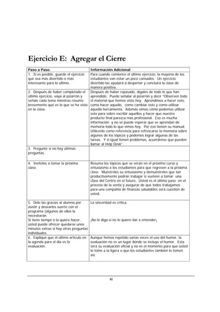 41
Ejercicio E: Agregar el Cierre
Paso a Paso. Información Adicional
1. Si es posible, guarde el ejercicio
que sea más divertido o más
interesante para lo último.
Para cuando comience el último ejercicio, la mayoría de los
estudiantes van estar un poco cansados. Un ejercicio
divertido las ayudará a despertar y concluirá la clase de
manera positiva.
2. Después de haber completado el
último ejercicio, vaya al pizarrón y
señale cada tema mientras resume
brevemente qué es lo que se ha visto
en la clase.
Después de haber repasado, dígales de todo lo que han
aprendido. Puede señalar al pizarrón y decir “Observen todo
el material que hemos visto hoy. Aprendimos a hacer esto,
como hacer aquello, como cambiar esto y como utilizar
aquella herramienta. Además vimos cómo podemos utilizar
esto para sobre escribir aquellos y hacer que nuestro
producto final parezca más profesional. Eso es mucha
información y no se puede esperar que se aprendan de
memoria todo lo que vimos hoy. Por eso tienen su manual.
Utilícenlo como referencia para refrescarse la memoria sobre
algunos de los tópicos y podemos lograr algunas de las
tareas. Y si igual tienen problemas, acuérdense que pueden
llamar al Help Desk”.
3. Pregunte si no hay últimas
preguntas.
4. Invítelos a tomar la próxima
clase.
Resuma los tópicos que se verán en el próximo curso y
entusiasmo a los estudiantes para que regresen a la próxima
clase. Muéstreles su entusiasmo y demuéstreles que tan
productivamente podrán trabajar si vuelven a tomar una
clase del Centro en el futuro. Usted es el último paso en el
proceso de la venta y asegurar de que todos trabajamos
para una compañía de finanzas saludables será cuestión de
usted.
5. Dele las gracias al alumno por
asistir y desearles suerte con el
programa (algunos de ellos la
necesitarán.
Si tiene tiempo o lo quiere hacer,
usted puede ofrecer quedarse unos
minutos extras si hay otras preguntas
individuales.
La sinceridad es crítica.
¡No lo diga si no lo quiere dar a entender¡
6. Explique que el último artículo en
la agenda para el día es la
evaluación.
Aunque hemos repetido varias veces el uso del humor, la
evaluación no es un lugar donde se incluye el humor. Esta
será su evaluación oficial y no es el momento para que usted
lo tome a la ligera o que los estudiantes también lo tomen
así.
 