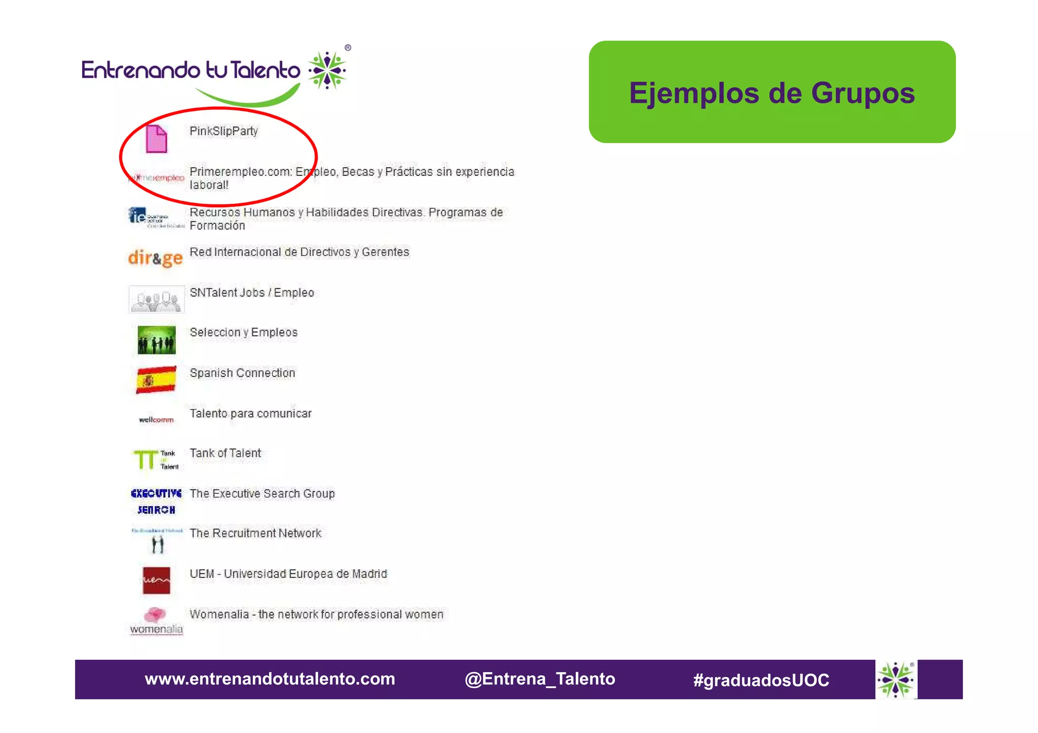 Ejemplos de Grupos

www.entrenandotutalento.com

@Entrena_Talento

#graduadosUOC

 