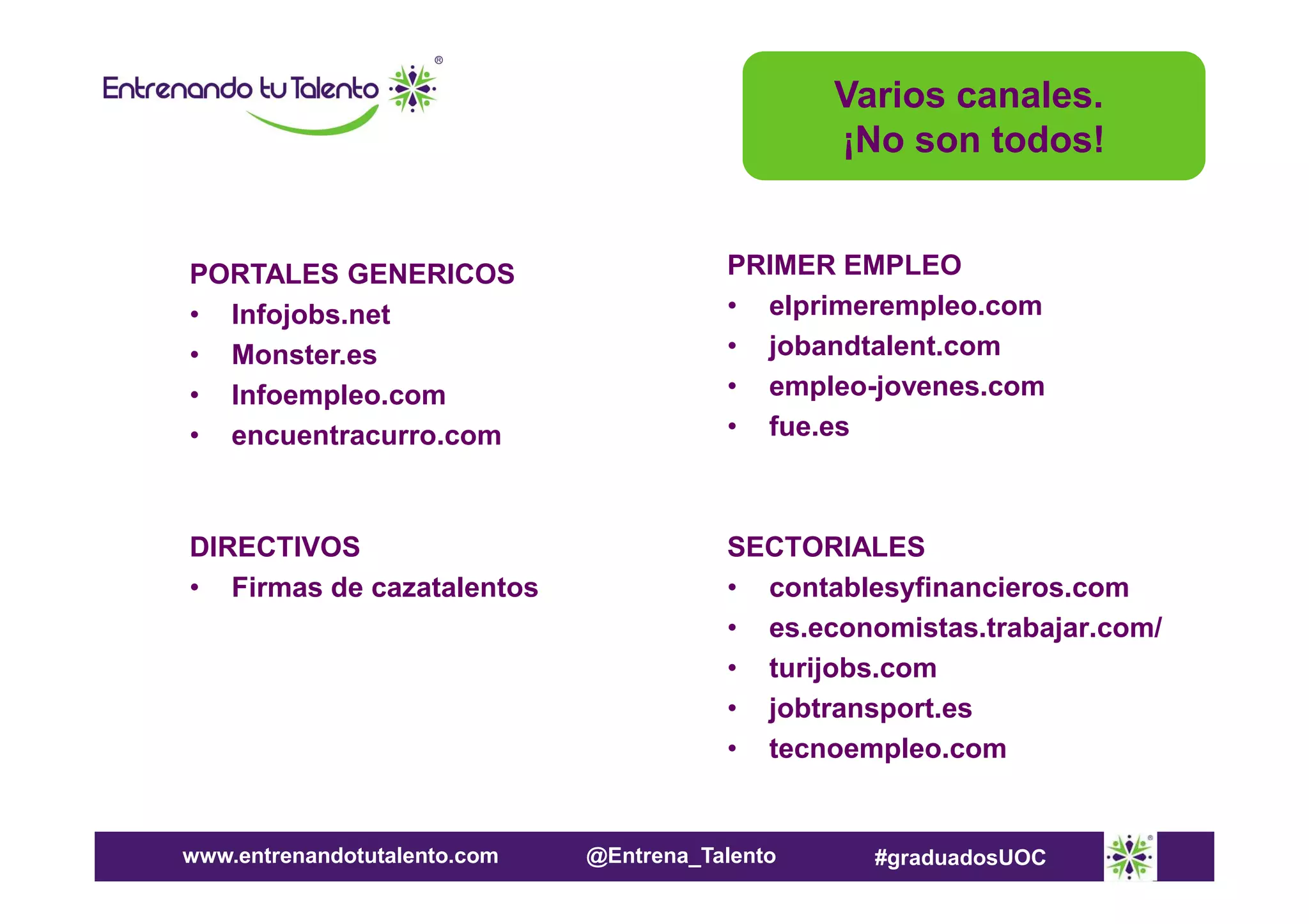 Varios canales.
¡No son todos!

PORTALES GENERICOS
• Infojobs.net
• Monster.es
• Infoempleo.com
• encuentracurro.com

PRIMER EMPLEO
• elprimerempleo.com
• jobandtalent.com
• empleo-jovenes.com
• fue.es

DIRECTIVOS
• Firmas de cazatalentos

SECTORIALES
• contablesyfinancieros.com
• es.economistas.trabajar.com/
• turijobs.com
• jobtransport.es
• tecnoempleo.com

www.entrenandotutalento.com

@Entrena_Talento

#graduadosUOC

 