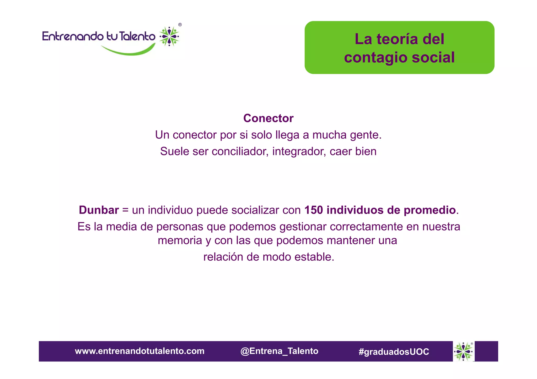 La teoría del
contagio social

Conector
Un conector por si solo llega a mucha gente.
Suele ser conciliador, integrador, caer bien

Dunbar = un individuo puede socializar con 150 individuos de promedio.
Es la media de personas que podemos gestionar correctamente en nuestra
memoria y con las que podemos mantener una
relación de modo estable.

www.entrenandotutalento.com

@Entrena_Talento

#graduadosUOC

 