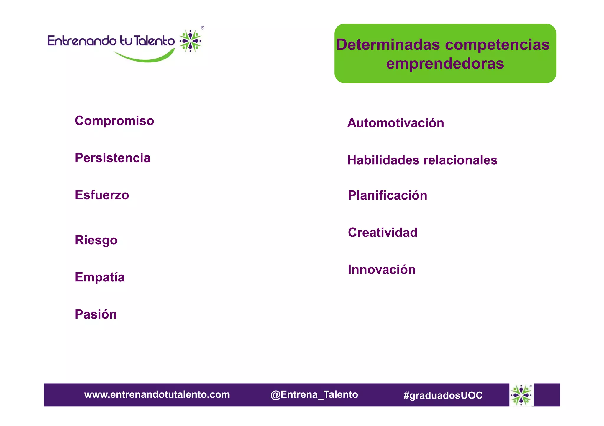 Determinadas competencias
emprendedoras

Compromiso

Automotivación

Persistencia

Habilidades relacionales

Esfuerzo

Planificación

Riesgo
Empatía

Creatividad
Innovación

Pasión

www.entrenandotutalento.com

@Entrena_Talento

#graduadosUOC

 
