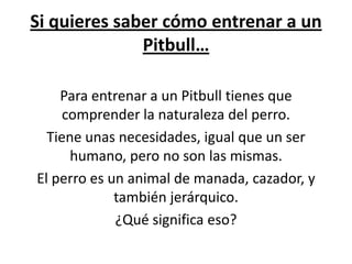 Si quieres saber cómo entrenar a un
              Pitbull…

    Para entrenar a un Pitbull tienes que
     comprender la naturaleza del perro.
  Tiene unas necesidades, igual que un ser
      humano, pero no son las mismas.
El perro es un animal de manada, cazador, y
             también jerárquico.
             ¿Qué significa eso?
 