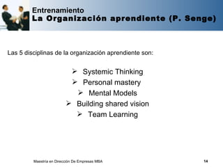 Entrenamiento
        La Organización aprendiente (P. Senge)



Las 5 disciplinas de la organización aprendiente son:


                            Systemic Thinking
                            Personal mastery
                             Mental Models
                           Building shared vision
                             Team Learning




         Maestría en Dirección De Empresas MBA          14
 