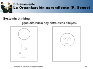 Entrenamiento
       La Organización aprendiente (P. Senge)


Systemic thinking:
            ¿qué diferencia hay entre estos dibujos?




       Maestría en Dirección De Empresas MBA           16
 