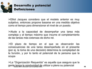 Desarrollo y potencial
     Definiciones


Elliot Jacques considera que el modelo anterior es muy
subjetivo, entonces propone basarse en una medida objetiva
como el tiempo para dimensionar el nivel de un puesto.

Alude a la capacidad de desempeñar una tarea más
compleja y al tiempo máximo que insume el completamiento
de las tareas más extensas de dicho rol.

El plazo de tiempo en el que se observarán las
consecuencias de una tarea desempeñada en el presente
(por ej. la toma de una decisión) determina la complejidad de
la función, y por lo tanto el potencial de la persona que la
ocupa

La “Organización Requerida” es aquella que asegura que la
gente tenga Dirección De Empresas MBA utilizar a pleno su potencial
    Maestría en
                la oportunidad de                                     49
 