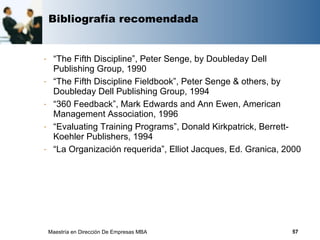 Bibliografía recomendada


-    “The Fifth Discipline”, Peter Senge, by Doubleday Dell
     Publishing Group, 1990
-    “The Fifth Discipline Fieldbook”, Peter Senge & others, by
     Doubleday Dell Publishing Group, 1994
-    “360 Feedback”, Mark Edwards and Ann Ewen, American
     Management Association, 1996
-    “Evaluating Training Programs”, Donald Kirkpatrick, Berrett-
     Koehler Publishers, 1994
-    “La Organización requerida”, Elliot Jacques, Ed. Granica, 2000




    Maestría en Dirección De Empresas MBA                       57
 