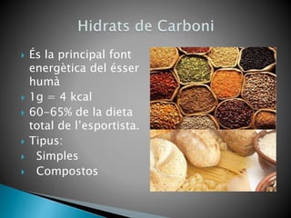  És la principal font
energètica del ésser
humà
 1g = 4 kcal
 60-65% de la dieta
total de l’esportista.
 Tipus:
 Simples
 Compostos
 