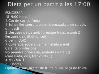 ESMORZAR
/8-9:00 hores/
1 Got de suc de fruita
1 Bol de llet sencera o semidesnatada amb cereals
o muesli
2 Llesques de pa amb formatge fresc, o amb 2
llesques de gall dindi cuit
o pernil dolÇ
1 Cullerada sopera de melmelada o mel
Cafè, té o infusions
No prendre brioixeria, embotits o fregits
(cansalada, ous, frankfurts...)
A MIG MATÍ
/11 hores/
Optatiu 1 suc, nèctar de fruita o una peça de fruita
 