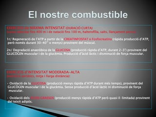 EXERCICIS de MÀXIMA INTENSITAT (DURACIÓ CURTA)
(cursa velocitat fins 400 m i de natació fins 100 m, halterofília, salts, llançament pesos):
1r/ Regeneració de l’ATP a partir de la CREATINFOSFAT o Fosfocreatina (ràpida producció d’ATP,
però només durant 30-40’’ o menys) provinent del múscul.
2n/ Degradació anaeròbica de la GLUCOSA (producció ràpida d’ATP, durant 2-3’) provinent del
GLUCÒGEN muscular i de la glucèmia. Producció d’àcid làctic i disminució de força muscular.
EXERCICIS d’INTENSITAT MODERADA-ALTA
(exercicis aeròbics, mitja i llarga distància):
• Oxidació de la GLUCOSA (producció menys ràpida d’ATP durant més temps), provinent del
GLUCÒGEN muscular i de la glucèmia. Sense producció d’àcid làctic ni disminució de força
muscular.
• Oxidació dels ÀCIDS GRASSOS (producció menys ràpida d’ATP però quasi il·limitada) provinent
del teixit adipós.
 