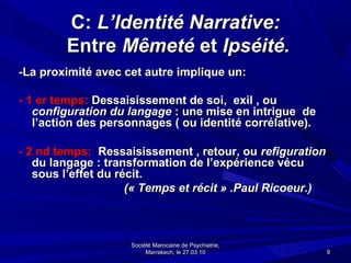 C: L’Identité Narrative:
        Entre Mêmeté et Ipséité.
-La proximité avec cet autre implique un:

- 1 er temps: Dessaisissement de soi, exil , ou
   configuration du langage : une mise en intrigue de
   l’action des personnages ( ou identité corrélative).

- 2 nd temps: Ressaisissement , retour, ou refiguration
   du langage : transformation de l’expérience vécu
   sous l’effet du récit.
                     (« Temps et récit » .Paul Ricoeur.)



                    Société Marocaine de Psychiatrie,
                         Marrakech, le 27.03.10            9
 
