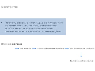 Contexto: 
 Técnica, ciência e informação se apresentam de forma variável no meio, constituindo regiões mais ou menos concentradas, construindo redes globais de informações: 
Criam-se exópoles 
Los Angeles 
Expansão Horizontal Continua 
Com Dispersão de atividades 
Centro menos Significativo  