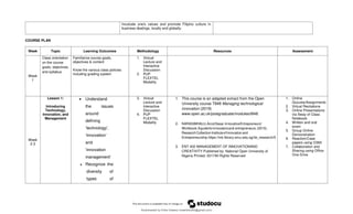 Inculcate one's values and promote Filipino culture in
business dealings, locally and globally.
COURSE PLAN
Week Topic Learning Outcomes Methodology Resources Assessment
Week
1
Class orientation
on the course
goals, objectives,
and syllabus
Familiarize course goals,
objectives & content
Know the various class policies
including grading system
1. Victual
Lecture and
Interactive
Discussion
2. PUP
FLEXTEL
Modality
Week
2-3
Lesson 1:
Introducing
Technology,
Innovation, and
Management
 Understand
the issues
around
defining
‘technology’,
‘innovation’
and
‘innovation
management’
 Recognize the
diversity of
types of
3. Victual
Lecture and
Interactive
Discussion
4. PUP
FLEXTEL
Modality
1. This course is an adapted extract from the Open
University course T848 Managing technological
innovation (2019)
www.open.ac.uk/postgraduate/modules/t848.
2. NARASIMHALU,ArcotDesai.InnovativeEntrepreneurs'
Workbook:Aguideforinnovatorsand entrepreneurs.(2015).
ResearchCollectionInstituteofInnovationand
Entrepreneurship.https://ink.library.smu.edu.sg/iie_research/5
3. ENT 402 MANAGEMENT OF INNOVATIONAND
CREATIVITY Published by: National Open University of
Nigeria Printed: 2017All Rights Reserved
1. Online
Quizzes/Assignments
2. Virtual Recitations
3. Online Presentations
via Sway of Class
Notebook
4. Written and oral
exam
5. Group Online
Demonstration
6. Reaction/Case
papers using O365
7. Collaboration and
Sharing using Office
One Drive
Downloaded by Erika Velasco (maerikavf00@gmail.com)
lOMoARcPSD|36307319
 