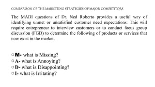 COMPARISON OF THE MARKETING STRATEGIES OF MAJOR COMPETITORS
The MADI questions of Dr. Ned Roberto provides a useful way of
identifying unmet or unsatisfied customer need expectations. This will
require entrepreneur to interview customers or to conduct focus group
discussion (FGD) to determine the following of products or services that
now exist in the market.
oM- what is Missing?
oA- what is Annoying?
oD- what is Disappointing?
oI- what is Irritating?
 
