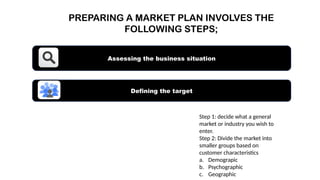 PREPARING A MARKET PLAN INVOLVES THE
FOLLOWING STEPS;
Defining the target
Assessing the business situation
Step 1: decide what a general
market or industry you wish to
enter.
Step 2: Divide the market into
smaller groups based on
customer characteristics
a. Demograpic
b. Psychographic
c. Geographic
 