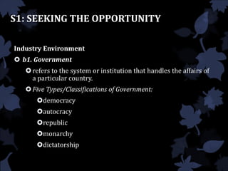 S1: SEEKING THE OPPORTUNITY
Industry Environment
 b1. Government
refers to the system or institution that handles the affairs of
a particular country.
Five Types/Classifications of Government:
democracy
autocracy
republic
monarchy
dictatorship
 