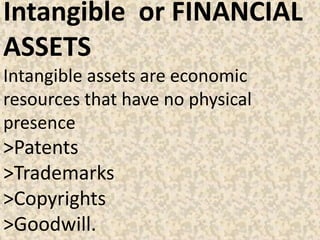 Intangible or FINANCIAL
ASSETS
Intangible assets are economic
resources that have no physical
presence
>Patents
>Trademarks
>Copyrights
>Goodwill.
 