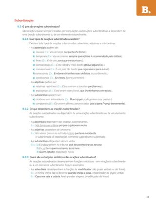 Subordinação
6.2 O que são orações subordinadas?
São orações quase sempre iniciadas por conjunções ou locuções subordinativas e dependem de
uma oração subordinante ou de um elemento subordinante.
6.2.1 Que tipos de orações subordinadas existem?
Existem três tipos de orações subordinadas: adverbiais, adjetivas e substantivas.
• As adverbiais podem ser:
a) causais (Ex.: Vou almoçar porque tenho fome.);
b) temporais (Ex.: Vou ao cinema sempre que o ﬁlme é recomendado pela crítica.);
c) ﬁnais (Ex.: Falei alto para que me ouvisses.);
d) comparativas (Ex.: Esta cidade é mais bonita do que aquela [é].);
e) consecutivas (Ex.: É um país tão bonito que regressarei para o ano.);
f) concessivas (Ex.: Embora ele tenha esses defeitos, eu conﬁo nele.);
g) condicionais (Ex.: Se vieres, ﬁcarei contente.).
• As adjetivas podem ser:
a) relativas restritivas (Ex.: Eles ouviram o barulho que ﬁzemos.);
b) explicativas (Ex.: Eles leram esses livros, que lhe tínhamos oferecido.).
• As substantivas podem ser:
a) relativas sem antecedente (Ex.: Quem jogar pode ganhar esse prémio.);
b) completivas (Ex.: Ele ontem aﬁrmou perante todos que ia para França brevemente).
6.2.2 De que dependem as orações subordinadas?
As orações subordinadas ou dependem de uma oração subordinante ou de um elemento
subordinante.
• As adverbiais dependem das orações subordinantes.
Ex.: Nós fomos ver o ﬁlme porque o gabavam muito.
• As adjetivas dependem de um nome.
Ex.: Nós vimos ontem na estrada o carro que teve o acidente.
A subordinada só depende do elemento subordinante sublinhado.
• As substantivas dependem de um verbo.
Exs.: 1) Ela disse ontem no tribunal que desconhecia essa pessoa.
2) Eu sei bem quem escreveu esse livro.
3) Quem estudar tirará boas notas.
6.2.3 Quais são as funções sintáticas das orações subordinadas?
As orações subordinadas desempenham funções sintáticas – em relação à subordinante
ou a um elemento subordinante. Alguns exemplos:
• As adverbiais desempenham a função de modiﬁcador (de grupo verbal ou de frase).
Ex.: A minha prima faz os deveres quando chega a casa. (modiﬁcador de grupo verbal)
Ex.: Caso me saia a lotaria, farei grandes viagens. (modiﬁcador de frase)
B.
19
 