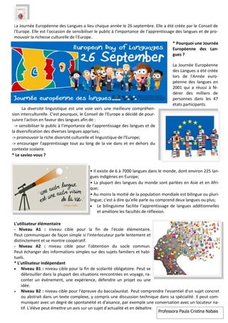 La diversité linguistique est une voie vers une meilleure compréhen-
sion interculturelle. C'est pourquoi, le Conseil de l'Europe a décidé de pour-
suivre l'action en faveur des langues afin de :
-> sensibiliser le public à l'importance de l'apprentissage des langues et de
la diversification des diverses langues apprises;
-> promouvoir la riche diversité culturelle et linguistique de l'Europe;
-> encourager l'apprentissage tout au long de la vie dans et en dehors du
contexte scolaire.
* Le saviez-vous ?
• Il existe de 6 à 7000 langues dans le monde, dont environ 225 lan-
gues indigènes en Europe;
• La plupart des langues du monde sont parlées en Asie et en Afri-
que;
• Au moins la moitié de la population mondiale est bilingue ou pluri-
lingue; c’est à dire qu’elle parle ou comprend deux langues ou plus;
 Le bilinguisme facilite l’apprentissage de langues additionnelles
et améliore les facultés de réflexion.
L'utilisateur élémentaire
- Niveau A1 : niveau cible pour la fin de l'école élémentaire.
Peut communiquer de façon simple si l'interlocuteur parle lentement et
distinctement et se montre coopératif.
- Niveau A2 : niveau cible pour l'obtention du socle commun.
Peut échanger des informations simples sur des sujets familiers et habi-
tuels.
* L'utilisateur indépendant
 Niveau B1 : niveau cible pour la fin de scolarité obligatoire. Peut se
débrouiller dans la plupart des situations rencontrées en voyage, ra-
conter un événement, une expérience, défendre un projet ou une
idée.
 Niveau B2 : niveau cible pour l'épreuve du baccalauréat. Peut comprendre l'essentiel d'un sujet concret
ou abstrait dans un texte complexe, y compris une discussion technique dans sa spécialité. Il peut com-
muniquer avec un degré de spontanéité et d'aisance, par exemple une conversation avec un locuteur na-
tif. L'élève peut émettre un avis sur un sujet d'actualité et en débattre.
La Journée Européenne des Langues a lieu chaque année le 26 septembre. Elle a été créée par le Conseil de
l'Europe. Elle est l'occasion de sensibiliser le public à l'importance de l'apprentissage des langues et de pro-
mouvoir la richesse culturelle de l'Europe.
Professora Paula Cristina Nabais
* Pourquoi une Journée
Européenne des Lan-
gues ?
La Journée Européenne
des Langues a été créée
lors de l'Année euro-
péenne des langues en
2001 qui a réussi à fé-
dérer des milliers de
personnes dans les 47
états participants.
 