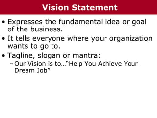 • Expresses the fundamental idea or goal
of the business.
• It tells everyone where your organization
wants to go to.
• Tagline, slogan or mantra:
– Our Vision is to…“Help You Achieve Your
Dream Job”
Vision Statement
 