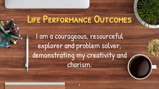 Life Performance Outcomes
I am a courageous, resourceful
explorer and problem solver,
demonstrating my creativity and
charism.
2
 