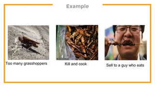 Example
Too many grasshoppers Kill and cook Sell to a guy who eats
 