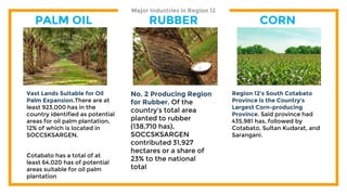 Major Industries in Region 12
PALM OIL RUBBER CORN
Cotabato has a total of at
least 64,020 has of potential
areas suitable for oil palm
plantation
Vast Lands Suitable for Oil
Palm Expansion.There are at
least 923,000 has in the
country identified as potential
areas for oil palm plantation,
12% of which is located in
SOCCSKSARGEN.
No. 2 Producing Region
for Rubber. Of the
country’s total area
planted to rubber
(138,710 has),
SOCCSKSARGEN
contributed 31,927
hectares or a share of
23% to the national
total
Region 12’s South Cotabato
Province is the Country’s
Largest Corn-producing
Province. Said province had
435,981 has, followed by
Cotabato, Sultan Kudarat, and
Sarangani.
 