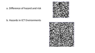 a. Difference of hazard and risk
b. Hazards in ICT Environments
 