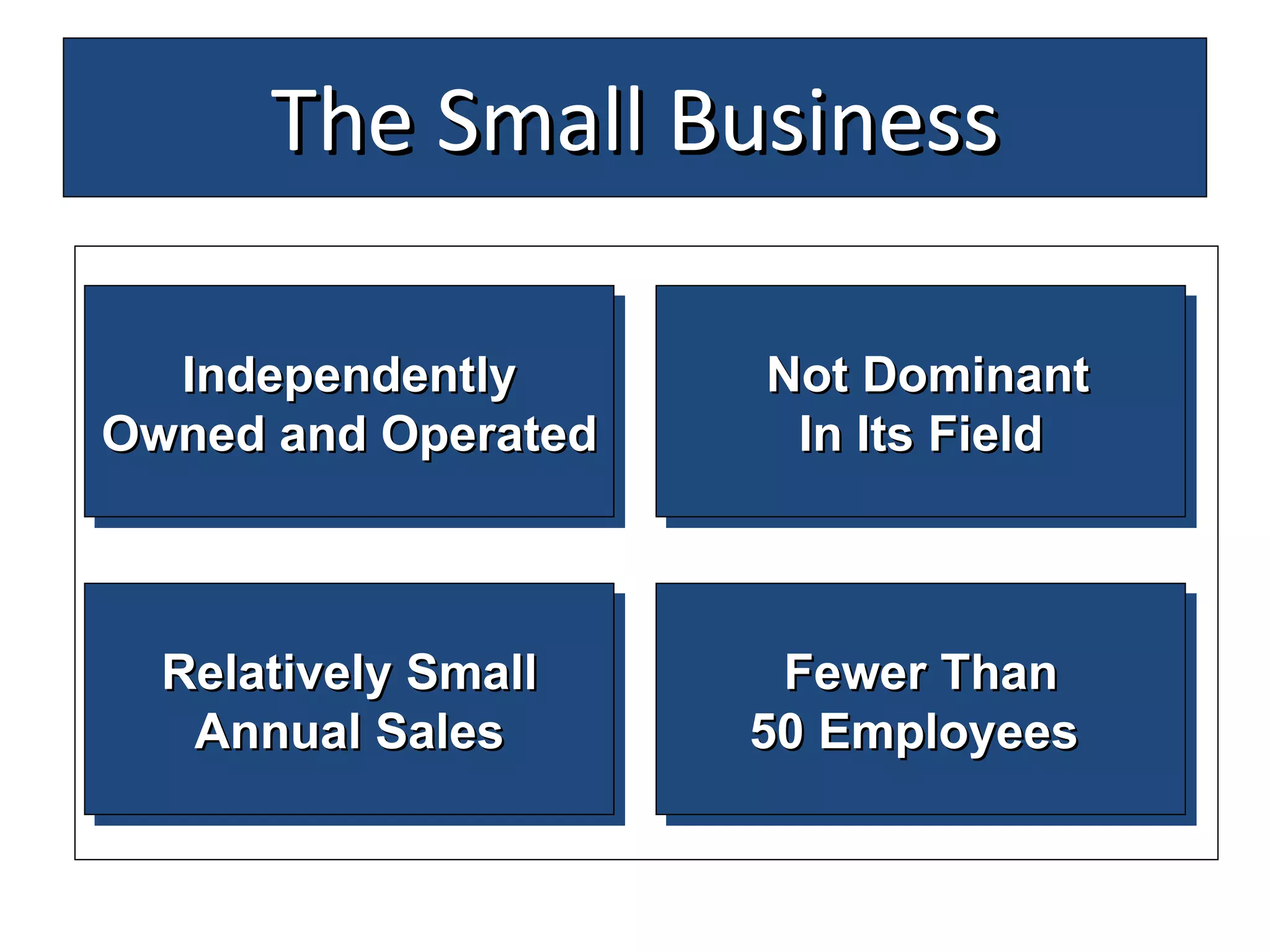 The Small Business Not Dominant In Its Field Fewer Than 50 Employees  Independently Owned and Operated Relatively Small Annual Sales 