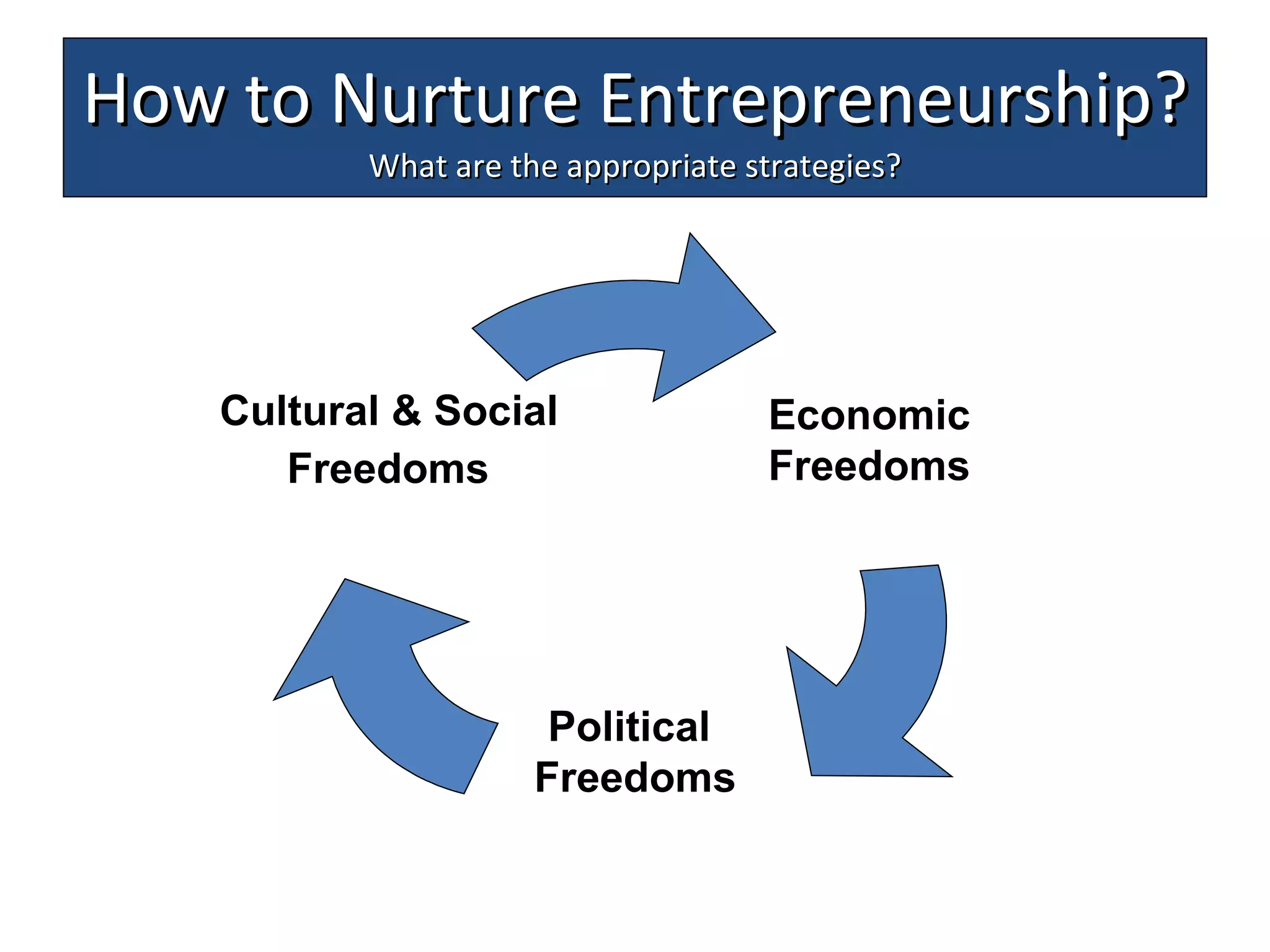 How to Nurture Entrepreneurship? What are the appropriate strategies? Economic  Freedoms   Political  Freedoms Cultural & Social  Freedoms   