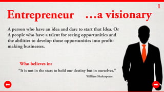Entrepreneur …a visionary
A person who have an idea and dare to start that Idea. Or
A people who have a talent for seeing ...