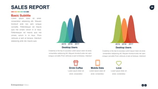 Entrepreneur Slides
26
Creativity is the key to success Lorem ipsum dolor sit amet,
consectetur adipiscing elit. Aliquam tincidunt ante nec sem
congue convallis Proin vehicula ut sem et tempus. Interdum
Desktop Users
2015 2016 2017
Lorem ipsum dolor sit amet,
consectetur adipiscing elit. Aliquam
tincidunt ante nec sem congue
convallis. Pellentesque vel mauris
quis nisl ornare rutrum in id risus.
Pellentesque vel mauris quis nisl
ornare rutrum in id risus. Proin
vehicula ut sem et tempus. Interdum
adipiscing ante nec mauris quis.
Basic Subtitle
SALES REPORT
Creativity is the key to success Lorem ipsum dolor sit amet,
consectetur adipiscing elit. Aliquam tincidunt ante nec sem
congue convallis Proin vehicula ut sem et tempus. Interdum
Desktop Users
2015 2016 2017
Lorem ipsum dolor sit
amet, consectetur
Drink Coffee
Lorem ipsum dolor sit
amet, consectetur
Mobile Data
Lorem ipsum dolor sit
amet, consectetur
Love
 