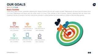 Entrepreneur Slides
49
Lorem ipsum dolor sit
amet, consectetur
Drink Coffee
Lorem ipsum dolor sit
amet, consectetur
Mobile Data
Lorem ipsum dolor sit
amet, consectetur
Love
Lorem ipsum dolor sit
amet, consectetur
Diamond
Lorem ipsum dolor sit
amet, consectetur
Inteligence
Lorem ipsum dolor sit
amet, consectetur
Great
Lorem ipsum dolor sit amet, consectetur adipiscing elit. Aliquam tincidunt ante nec sem congue convallis. Pellentesque vel mauris quis nisl ornare rutrum
in id risus. Pellentesque vel mauris quis nisl ornare rutrum in id risus. Proin vehicula ut sem et tempus. Interdum adipiscing ante nec mauris quis.
Creativity is the key to success in the future, and primary education is where teachers can bring creativity in children at that level keep growing.
Basic Subtitle
OUR GOALS
 