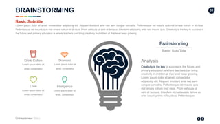 Entrepreneur Slides
51
Lorem ipsum dolor sit
amet, consectetur
Drink Coffee
Lorem ipsum dolor sit
amet, consectetur
Love
Lorem ipsum dolor sit
amet, consectetur
Diamond
Lorem ipsum dolor sit
amet, consectetur
Inteligence
Brainstorming
Basic Sub-Title
Analysis
Creativity is the key to success in the future, and
primary education is where teachers can bring
creativity in children at that level keep growing.
Lorem ipsum dolor sit amet, consectetur
adipiscing elit. Aliquam tincidunt ante nec sem
congue convallis. Pellentesque vel mauris quis
nisl ornare rutrum in id risus. Proin vehicula ut
sem et tempus. Interdum et malesuada fames ac
ante ipsum primis in faucibus. Pellentesque‹
Lorem ipsum dolor sit amet, consectetur adipiscing elit. Aliquam tincidunt ante nec sem congue convallis. Pellentesque vel mauris quis nisl ornare rutrum in id risus.
Pellentesque vel mauris quis nisl ornare rutrum in id risus. Proin vehicula ut sem et tempus. Interdum adipiscing ante nec mauris quis. Creativity is the key to success in
the future, and primary education is where teachers can bring creativity in children at that level keep growing.
Basic Subtitle
BRAINSTORMING
 
