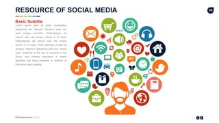 Entrepreneur Slides
55
Lorem ipsum dolor sit amet, consectetur
adipiscing elit. Aliquam tincidunt ante nec
sem congue convallis. Pellentesque vel
mauris quis nisl ornare rutrum in id risus.
Pellentesque vel mauris quis nisl ornare
rutrum in id risus. Proin vehicula ut sem et
tempus. Interdum adipiscing ante nec mauris
quis. Creativity is the key to success in the
future, and primary education is where
teachers can bring creativity in children at
that level keep growing.
Basic Subtitle
RESOURCE OF SOCIAL MEDIA
 