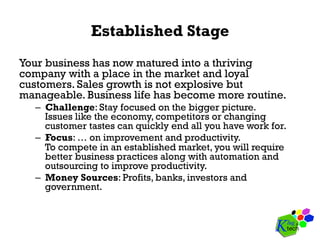 Established Stage
Your business has now matured into a thriving
company with a place in the market and loyal
customers. Sales growth is not explosive but
manageable. Business life has become more routine.
–  Challenge: Stay focused on the bigger picture.
Issues like the economy, competitors or changing
customer tastes can quickly end all you have work for.
–  Focus: … on improvement and productivity.
To compete in an established market, you will require
better business practices along with automation and
outsourcing to improve productivity.
–  Money Sources: Profits, banks, investors and
government.
 