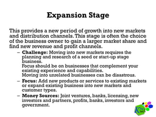 Expansion Stage
This provides a new period of growth into new markets
and distribution channels.This stage is often the choice
of the business owner to gain a larger market share and
find new revenue and profit channels.
–  Challenge: Moving into new markets requires the
planning and research of a seed or start-up stage
business.
Focus should be on businesses that complement your
existing experience and capabilities.
Moving into unrelated businesses can be disastrous.
–  Focus: Add new products or services to existing markets
or expand existing business into new markets and
customer types.
–  Money Sources: Joint ventures, banks, licensing, new
investors and partners, profits, banks, investors and
government.
 