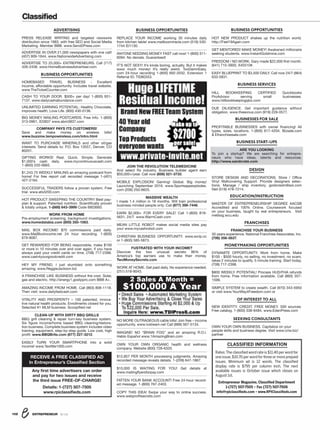 “We look for highly
motivated people
with leadership
qualities and
a passion for
caring for others.
People skills are key.”
—Scott Kummel,
director of
franchise sales,
Touching Hearts
at Home
79Touching
Hearts At Home
Nonmedical home
care for seniors and
people with
disabilities
Startup cost:
$48.4K-$69.1K
Total franchises/
co.-owned: 48/0
80Welcomemat
Services
Direct-mail
advertising to
new movers
Startup cost:
$57.6K-$85.4K
Total franchises/
co.-owned: 51/7
81Renew Crew
Environmen-
tally friendly exterior
surface cleaning and
protection
Startup cost:
$44.3K-$69.6K
Total franchises/
co.-owned: 23/0
82Happy 
Healthy
Products
Frozen fruit bars
Startup cost:
$49.7K-$92.1K
Total franchises/
co.-owned: 52/0
958/16 ENTREPRENEUR
PHOTOGRAPHBYJOEDICKIE/TOUCHINGHEARTS
877-570-0002
FirstLightFranchise.com
Info@FirstLightHomeCare.com
• Top Franchise and Top Veterans
Franchise: Inc., Entrepreneur,
Franchise Times and Franchise
Business Review.
• Average Gross Revenues per
location $745,283.**
• Prime, exclusive territories
are still available!
For more information
on our exciting business
opportunity, contact
us today.
#1 Home Care Franchise for Franchisee Satisfaction 2014*
Discover why FirstLight™ is the fastest growing
home care franchise in the United States!
*Franchise Business Review 2014 Mid-Size class. **Locations open at least 24 months as of 12/31/2015.
HOMES  LAND IS NORTH AMERICA’S
LEADER IN REAL ESTATE MARKETING
For over 40 years Homes  Land has helped
top real estate professionals connect with
homebuyers and sellers. Our Publishers offer
both print and online products, including our
flagship Homes  Land Magazine.
» You will receive all the training you
need to succeed
» Sales and marketing support in
your territory
» Affiliation with one of real estate’s
most trusted brands
Franchises are available in select markets.
No prior publishing experience required.
For more information contact Patrick McGroder
888-562-3184 HomesAndLand.com/Franchise
We offer you a rewarding future with tremendous income potential.
 