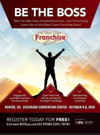 ENTREPRENEUR 8/1684
PHOTOGRAPHBYCOREYO'BRIEN/ANAGOCLEANINGSYSTEMS
“More important than money is passion.
If someone has that desire inside them
to really get their business going, no
amount of money or lack thereof will
stop them.” —Adam Povlitz, president,
Anago Cleaning Systems
1RE/MAX
Real estate
Startup cost:
$37.5K–$279.5K
Total franchises/
co.-owned: 6,986/0
2Jan-Pro
Franchising
International
Commercial
cleaning
Startup cost:
$3.9K–$51.6K
Total franchises/
co.-owned: 7,849/0
3Cruise
Planners
Travel agency
Startup cost:
$2.1K–$22.7K
Total franchises/
co.-owned: 2,257/1
4Vanguard
Cleaning
Systems
Commercial
cleaning
Startup cost:
$10.9K–$35.8K
Total franchises/
co.-owned: 3,167/0
5Anago
Cleaning
Systems
Commercial
cleaning
Startup cost:
$10.5K–$65.6K
Total franchises/
co.-owned: 2,377/0
6Chem-Dry
Carpet 
Upholstery
Cleaning
Carpet, drapery
and upholstery
cleaning; tile and
stone care
Startup cost:
$31.8K–$155.5K
Total franchises/
co.-owned: 3,532/0
7Liberty Tax
Service
Tax preparation,
electronic filing
Startup cost:
$58.7K-$71.9K
Total franchises/
co.-owned: 3,948/314
8CleanNet USA
Commercial
cleaning
Startup cost:
$14.3K–$44.7K
Total franchises/
co.-owned: 2,547/9
9CruiseOne/
Dream
Vacations
Travel agency
Startup cost:
$3.2K–$21.9K
Total franchises/
co.-owned: 1,013/0
10HR Block
Tax
preparation,
electronic filing
Startup cost:
$31.5K–$149.2K
Total franchises/
co.-owned:
4,435/6,365
11Chester’s
Chicken
Startup cost:
$21.9K–$293.8K
Total franchises/
co.-owned: 1,116/0
12Proforma
Printing
and promotional
products
Startup cost:
$4.7K–$50.2K
Total franchises/
co.-owned: 676/1
13Bricks
4 Kidz
Lego-engineering
classes, camps,
parties
Startup cost:
$33.8K–$51.1K
Total franchises/
co.-owned: 672/0
14Jazzercise
Group
fitness classes,
conventions,
apparel and
accessories
Startup cost:
$3.5K–$75.8K
Total franchises/
co.-owned: 8,697/2
15Buildingstars
International
Commercial cleaning
Startup cost:
$2.2K–$52.4K
Total franchises/
co.-owned: 623/0
16HomeVestors
of America
Home buying, repair
and selling
Startup cost:
$44K–$347.3K
Total franchises/
co.-owned: 711/0
17Rooter-Man
Plumbing, drain
and sewer cleaning
Startup cost:
$46.8K–$137.6K
Total franchises/
co.-owned: 533/17
18Pillar To
Post Home
Inspectors
Home inspections
Startup cost:
$33.2K–$42.6K
Total franchises/
co.-owned: 512/0
19Heaven’s
Best Carpet
 Upholstery
Cleaning
Carpet and
upholstery cleaning
Startup cost: $55K-$84K
Total franchises/
co.-owned: 1,222/0
20N-Hance
Wood floor
and cabinet
refinishing
Startup cost:
$24.3K–$147.3K
Total franchises/
co.-owned: 410/0
21Sculpture
Hospitality
Bar and
restaurant
management
solutions
Startup cost:
$43.7K–$57.4K
Total franchises/
co.-owned: 372/5
22Club Z!
In-Home
Tutoring Services
In-home tutoring
Startup cost:
$33.6K–$57.6K
Total franchises/
co.-owned: 393/0
23Mint
Condition
Franchising
Commercial
cleaning,
building
maintenance
Startup cost:
$4.9K–$45.4K
Total franchises/
co.-owned: 326/0
24Synergy
HomeCare
Nonmedical
home care
Startup cost:
$35.4K–$149.4K
Total franchises/
co.-owned: 311/0
25Cellairis
Franchise
Cellphone and
wireless-device
accessories
and repairs
Startup cost:
$52.4K-$330K
Total franchises/
co.-owned: 594/31
26Coffee
News
Weekly
newspaper
distributed at
restaurants
Startup cost:
$9.8K–$10.8K
Total franchises/
co.-owned: 834/5
27U.S.
Lawns
Commercial
grounds care
Startup cost:
$32.8K-$79.3K
Total franchises/
co.-owned: 267/0
SMALL COSTS, BIG PAYOFFS
 