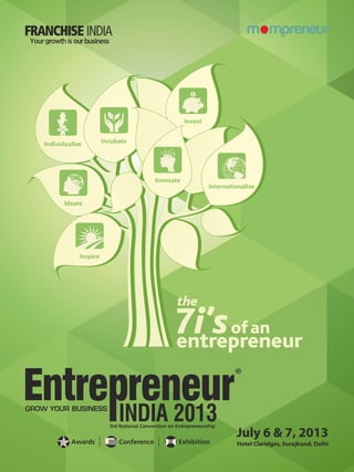 July 6 & 7, 2013
Hotel Claridges, Surajkund, Delhi
INDIA 2013GROW YOUR BUSINESS
3rd National Convention on Entrepreneurship
Awards Conference Exhibition
Inspire
Ideate
Individualize Incubate
Innovate
Invest
Internationalize
the
7i’sofan
entrepreneur
 