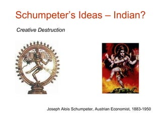 Schumpeter’s Ideas – Indian? Joseph Alois Schumpeter, Austrian Economist, 1883-1950 Creative Destruction  