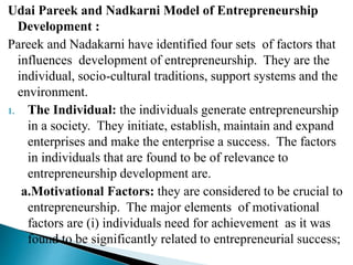Udai Pareek and Nadkarni Model of Entrepreneurship
Development :
Pareek and Nadakarni have identified four sets of factors that
influences development of entrepreneurship. They are the
individual, socio-cultural traditions, support systems and the
environment.
1. The Individual: the individuals generate entrepreneurship
in a society. They initiate, establish, maintain and expand
enterprises and make the enterprise a success. The factors
in individuals that are found to be of relevance to
entrepreneurship development are.
a.Motivational Factors: they are considered to be crucial to
entrepreneurship. The major elements of motivational
factors are (i) individuals need for achievement as it was
found to be significantly related to entrepreneurial success;
 
