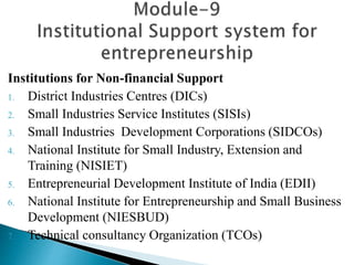 Institutions for Non-financial Support
1. District Industries Centres (DICs)
2. Small Industries Service Institutes (SISIs)
3. Small Industries Development Corporations (SIDCOs)
4. National Institute for Small Industry, Extension and
Training (NISIET)
5. Entrepreneurial Development Institute of India (EDII)
6. National Institute for Entrepreneurship and Small Business
Development (NIESBUD)
7. Technical consultancy Organization (TCOs)
 