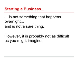 Starting a Business...

... is not something that happens
overnight...
and is not a sure thing,

However, it is probably not as difficult
as you might imagine.
 