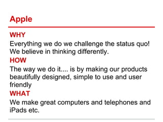 Apple
WHY
Everything we do we challenge the status quo!
We believe in thinking differently.
HOW
The way we do it.... is by making our products
beautifully designed, simple to use and user
friendly
WHAT
We make great computers and telephones and
iPads etc.
 