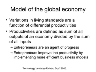 Model of the global economy Variations in living standards are a function of differential productivities Productivities are defined as sum of all outputs of an economy divided by the sum of all inputs  Entrepreneurs are an agent of progress Entrepreneurs improve the productivity by implementing more efficient business models  Technology Ventures-Richard Dorf, 2005 