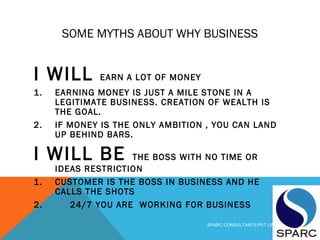 SOME MYTHS ABOUT WHY BUSINESS
I WILL EARN A LOT OF MONEY
1. EARNING MONEY IS JUST A MILE STONE IN A
LEGITIMATE BUSINESS. CREATION OF WEALTH IS
THE GOAL.
2. IF MONEY IS THE ONLY AMBITION , YOU CAN LAND
UP BEHIND BARS.
I WILL BE THE BOSS WITH NO TIME OR
IDEAS RESTRICTION
1. CUSTOMER IS THE BOSS IN BUSINESS AND HE
CALLS THE SHOTS
2. 24/7 YOU ARE WORKING FOR BUSINESS
SPARC CONSULTANTS PVT LIMITED
 